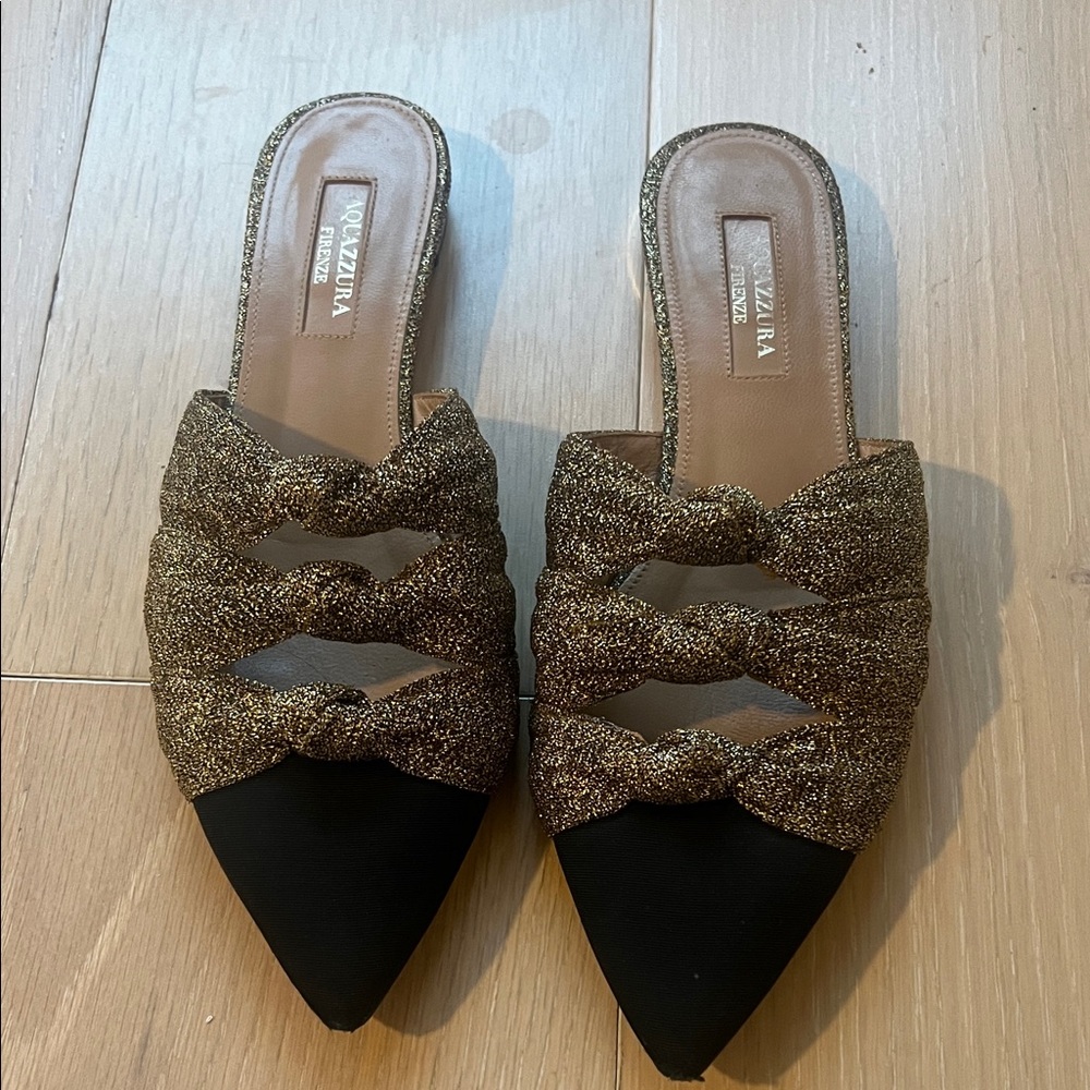 Aquazzura Glittering Gold and Black Mules
